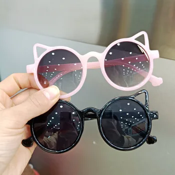 Для детей, мальчиков и девочек, солнцезащитные очки UV400, милые защитные очки UV400 в форме кошки, Пляжные солнцезащитные очки для малышей с кошачьим глазом Изображение