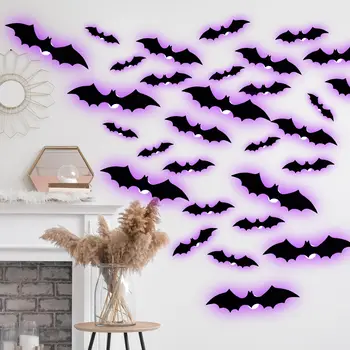 Наклейка на Стену с Летучими Мышами Halloween Glow, 3D LED Bats Sticker Light, Страшные Летучие Мыши Halloween Party Decor для Домашнего Внутреннего Наружного Украшения Изображение