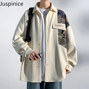Демисезонная рубашка оверсайз в стиле пэчворк с длинными рукавами, Модные свободные повседневные рубашки для хай-стрит, мужские топы, пальто, мужская одежда Изображение
