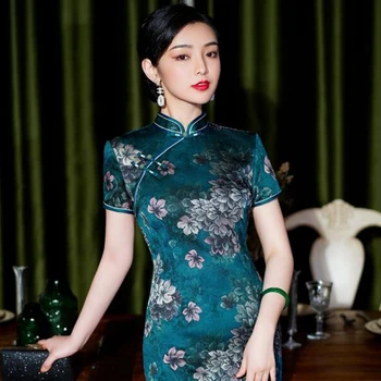 Китайская одежда Женское платье Cheongsam Qipao, тонкие винтажные Ретро Элегантные Китайские свадебные платья с цветочным принтом зеленого цвета с коротким рукавом Изображение