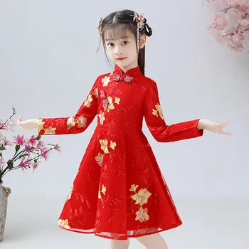 Китайское Традиционное Платье Миди Вечерние Платья Cheongsam Qipao для Девочек Вечерние Костюмы Новогодняя Одежда Принцессы Для Детей 3-12 лет Изображение