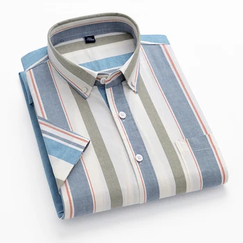 Новая мужская полосатая модная рубашка с коротким рукавом из 100% хлопка в оксфордскую клетку, деловая рубашка на пуговицах обычного покроя, мужская одежда Изображение