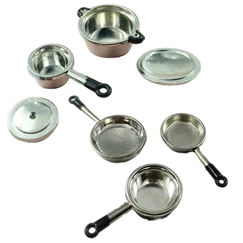 1 комплект 1: 12 Миниатюрная металлическая сковорода для кукольного домика, кастрюля для приготовления супа, посуда, Кухонный набор для приготовления пищи, Аксессуары для кукол Изображение