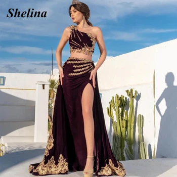 Модное выпускное платье Shelina с разрезом на одно плечо, кружевные аппликации, хрустальный велюр, Vestidos De Baile в русалочью складку, сшитое на заказ Изображение