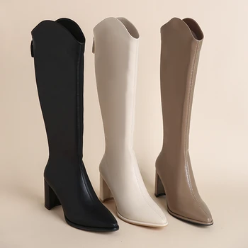 Большие размеры 34-43, Новые женские ботинки на толстом каблуке с застежкой-молнией, простые осенне-зимние ботинки на толстом высоком каблуке до колена, Botas Изображение