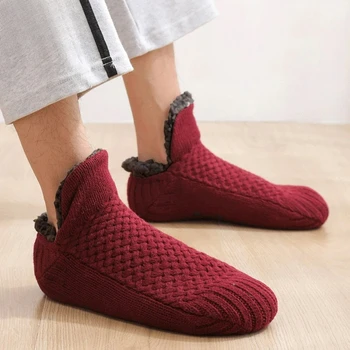 Женские вязаные носки-тапочки Уютные пушистые носки Нескользящие носки Мужские зимние домашние двухслойные носки-тапочки для спальни Изображение