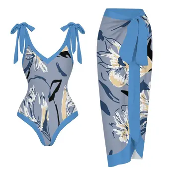 Женский комплект бикини 2023 Blue Plant, бикини с цветочным принтом, купальники с повязкой на бретельках, Бразильское бикини, купальный костюм, пляжная одежда Изображение
