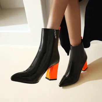 2021 г., Пикантные женские ботильоны на высоком каблуке с острым носком, осенне-зимние модные ботильоны, женская обувь без застежки из лакированной кожи, размер 34-46 Изображение