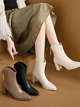 Осенне-зимние модные новые пикантные ботинки на квадратном каблуке, теплая молния сзади, повседневные однотонные удобные женские полусапожки с острым носком Изображение