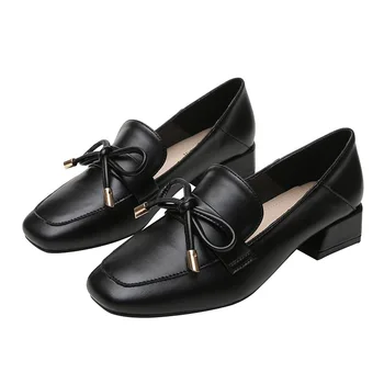 Новейшая весенне-осенняя женская обувь из мягкой микрофибры, женские туфли на среднем каблуке, Элегантные модные лоферы без застежки с бантом, Размер 33-43 Изображение