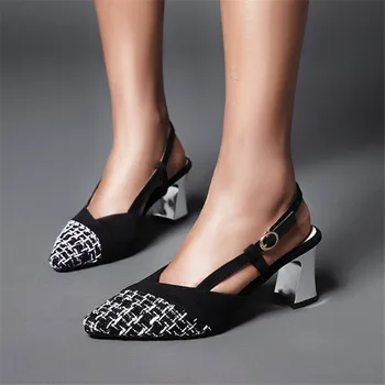 2020 женские замшевые туфли на высоких каблуках заостренный носок босоножки толстый высокий каблук Весна Леди вечеринка каблуки черный бежевый 32-43 Изображение