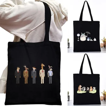 Женская холщовая сумка для покупок, косметичка, Эко-хранилище, Большая модная мультяшная сумка, складная продуктовая   Изображение