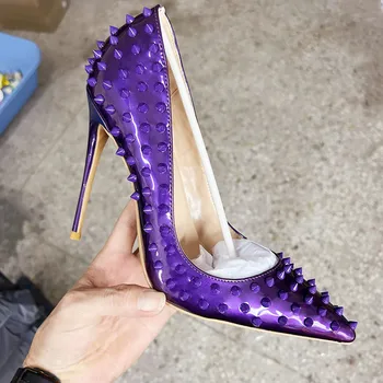 Женские фиолетовые вечерние туфли на высоком каблуке из лакированной кожи длиной 12 см, Сексуальные женские дизайнерские туфли-лодочки на шпильке без застежки, Индивидуальные Изображение