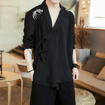 Мужские топы в восточном стиле, китайская рубашка, мужская блузка Hanfu, льняная винтажная традиционная китайская одежда для мужчин 10990 Изображение