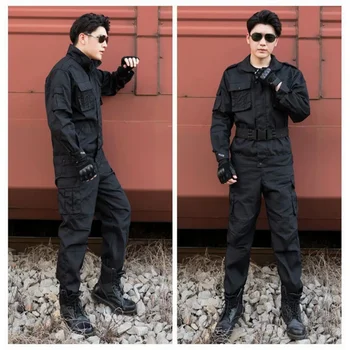 Крутая черная армейская форма хорошего качества, рубашка и брюки для мужчин, рабочее поле для обеспечения безопасности, Военная подготовка, Кемпинг, скалолазание Изображение