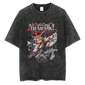 Мужская футболка с принтом аниме Yu Gi Oh, винтажная выстиранная футболка из 100% хлопка, уличная одежда в стиле хип-хоп, унисекс, черные топы с коротким рукавом, футболка Изображение