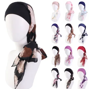 Женская Бандана с шифоновым принтом, Мягкая повязка на голову, шарф, шапочка, Африканский головной платок, мусульманский Хиджаб, головные уборы, Тюрбаны для пляжного отдыха Изображение