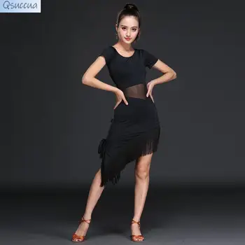 Летнее платье для Латиноамериканских танцев, женская одежда для занятий взрослыми танцами, Сексуальная юбка с кисточками, тренировочная одежда с короткими рукавами Изображение
