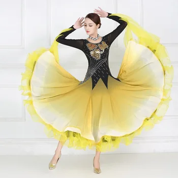 Платье для бальных танцев для взрослых, Высококачественная Стандартная Современная юбка для танцев, Женские Желтые платья для бальных танцев для вальса Изображение