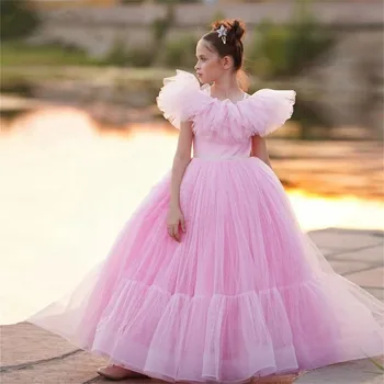 Пышное сетчатое бальное платье для девочек, вечерние платья, детские многослойные платья с цветочным узором для девочек, платье принцессы с бантом на день рождения Изображение