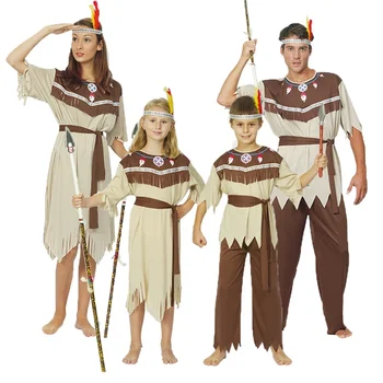 Индийский костюм Косплей Представление родителей и детей на Хэллоуин Взрослый мужчина Одежда коренных первобытных дикарей Костюмы на Хэллоуин Изображение