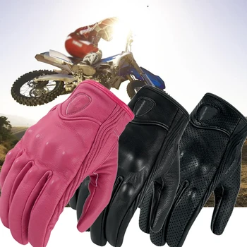Ретро мотоциклетные перчатки из натуральной кожи на полный палец, черные, розовые, мужские, женские Защитные приспособления, Мотоциклетные перчатки с сенсорным экраном guante moto Изображение
