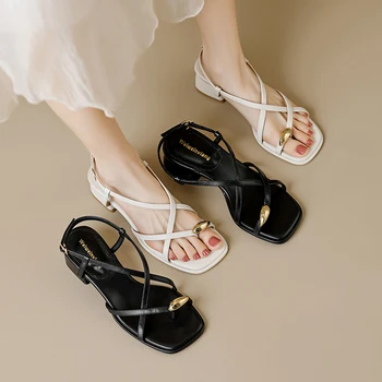 Сандалии на толстом каблуке 2023 Летние Женские Элегантные сандалии с тонким носком и роскошным дизайнерским ремешком, комбинированные Воздушные сандалии сзади Изображение