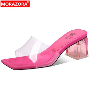 MORAZORA 2022 Новые Прозрачные тапочки из ПВХ, женские лаконичные туфли на толстом высоком каблуке, Летние Женские Удобные тапочки Изображение