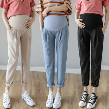 Весенне-осенние хлопчатобумажные льняные брюки для беременных, повседневные прямые свободные брюки для живота, одежда для беременных, брюки Изображение