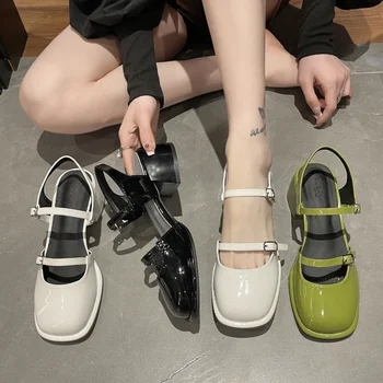 Женские зеленые босоножки с двойной пряжкой, женские летние открытые туфли Mary Janes, Элегантные босоножки с квадратным носком, женские босоножки на низком каблуке Изображение