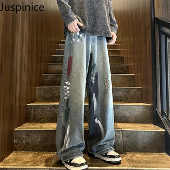 Потертые джинсы с граффити в осеннем стиле, мужские уличные Свободные Повседневные Красивые Прямые Широкие брюки, Мужские брюки, мужская одежда Изображение
