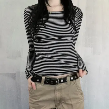 Женская футболка с длинным рукавом и круглым вырезом, полосатые осенние облегающие женские топы для повседневной носки. Изображение