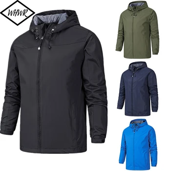 Демисезонная ветровка, куртка-бомбер, мужская одежда, уличные куртки для альпинизма, непромокаемые спортивные пальто большого размера с капюшоном Изображение