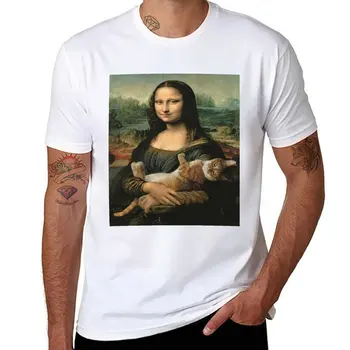 Новая Мона Лиза от Leonardo Da Vinci feat. Футболка с котом, футболка нового выпуска, черные футболки, футболки оверсайз для мужчин Изображение