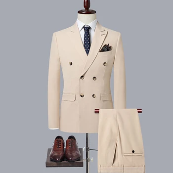 2023 Модный Новый мужской повседневный бутик, Двубортный однотонный деловой костюм, пиджак, брюки, комплект из 2 предметов, Блейзеры, пальто Изображение