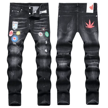 dsq Мужские джинсовые брюки skinny Slim Biker Jeans Дизайн джинсовой ткани с отверстиями на пуговицах черные ДЖИНСЫ DSQ2 COOLGUY для мужа большого размера 40 42 023 Изображение