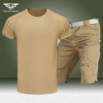 Военно-тактические комплекты, мужские летние быстросохнущие дышащие футболки с коротким рукавом + уличные износостойкие шорты-карго с несколькими карманами Изображение