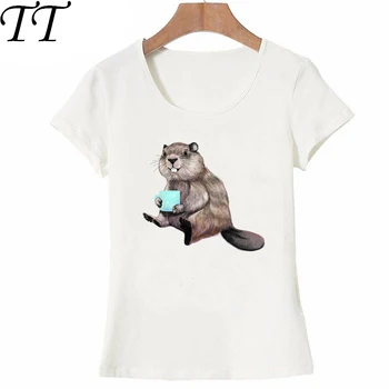 Футболка Beaver having his morning cup of coffee, милая женская футболка, милые топы с животным принтом, летняя забавная женская рубашка, футболки для девочек. Изображение