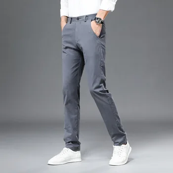 2022 Весна Осень Мужские прямые повседневные брюки Крутая ткань Деловые Модные однотонные зеленые брюки Мужская брендовая одежда Изображение