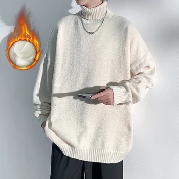 Мужской вязаный теплый свитер с высоким воротом, мужские свободные повседневные пуловеры, Зимняя Нижняя рубашка, базовый однотонный Корейский модный трикотажный топ Изображение