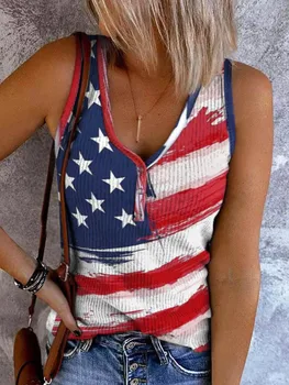 Женские камуфляжные топы с американским флагом, Летние повседневные рубашки без рукавов с глубоким вырезом и пуговицами, новинка, футболки с полосками и звездами, камзол Изображение