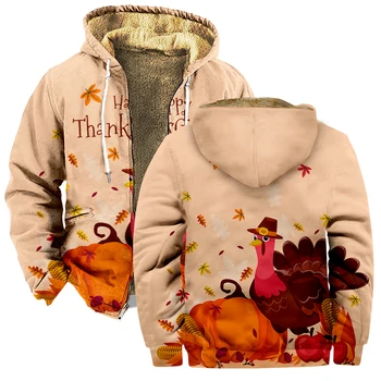 Куртка на День Благодарения, толстовки с мультяшной индейкой, зимние мужские / женские уличные платья на молнии с капюшоном и длинным рукавом Изображение