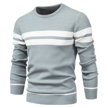 Новый осенний пуловер, мужской свитер с круглым вырезом и длинными рукавами в стиле пэчворк, теплые тонкие свитера, мужские повседневные модные свитера, мужская одежда Изображение