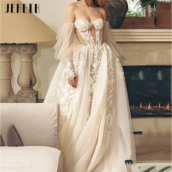 JEHETH Сексуальное Свадебное платье принцессы с открытыми плечами, иллюзия Тюля, vestido de noiva, аппликации, Кружевные свадебные платья Изображение