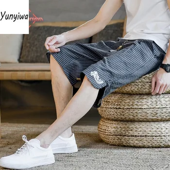 Летние хлопчатобумажные льняные шорты для мужчин, повседневные брюки в китайском стиле в стиле ретро, мужские шорты с эластичной резинкой на талии и завязками Изображение