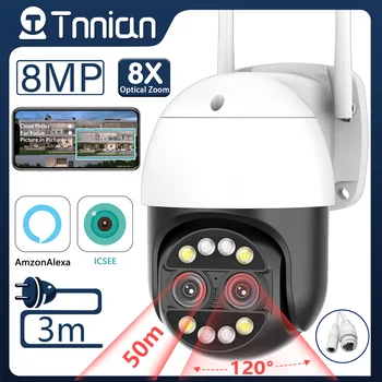 Tnnian 4K 8MP Двухобъективная WIFI Камера Наблюдения AI Human Tracking с 8-кратным Зумом Наружная Водонепроницаемая PTZ IP-Камера CCTV iCSee Alexa Изображение