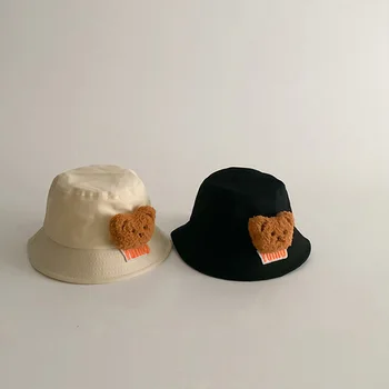Детская панама с мультяшным медведем, Корейская милая солнцезащитная кепка для малышей, панама, Кавайные хлопковые детские рыбацкие кепки с широкими полями Изображение