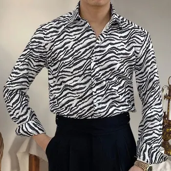 Винтажный Отпуск, Леопардовый принт, рубашка с длинным рукавом, Корейская Деловая Офисная Британская рубашка, Мужская сорочка Homme Manche Longue Изображение