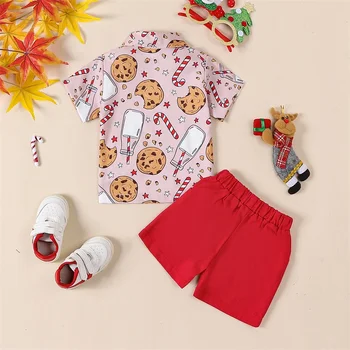 Комплекты рождественских шорт для маленьких мальчиков из 2 предметов, крутая рубашка с короткими рукавами и пуговицами на лацкане, красные короткие штаны, комплекты для повседневной носки Изображение