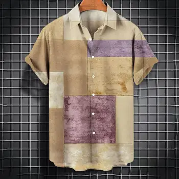 Мужская рубашка С короткими рукавами, мужская рубашка с лацканами, геометрический принт, пуговицы, впитывающие пот, Полосатая рубашка с гавайским принтом, Уличная одежда Изображение